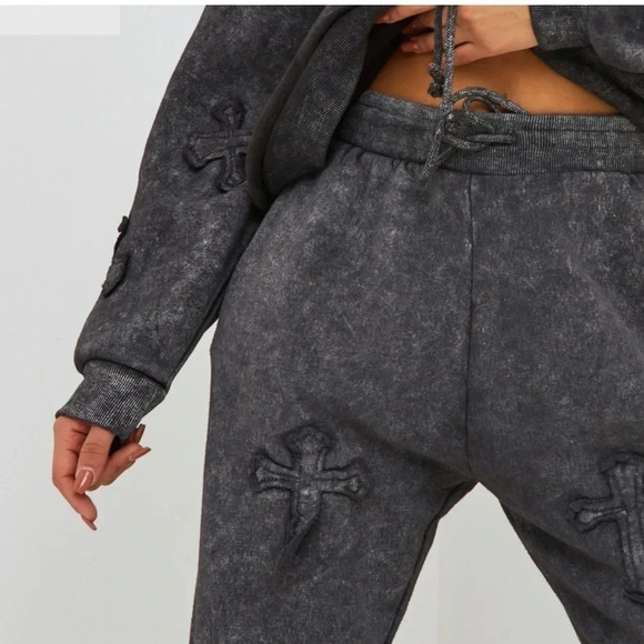 EGO Joggers Large Oversized High Waist Acid Wash Black Gothic Cross Patch Punk - Picture 3 of 5